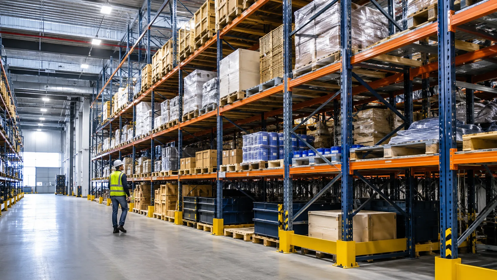 Magazijn met palletstellingen en opslagsystemen
