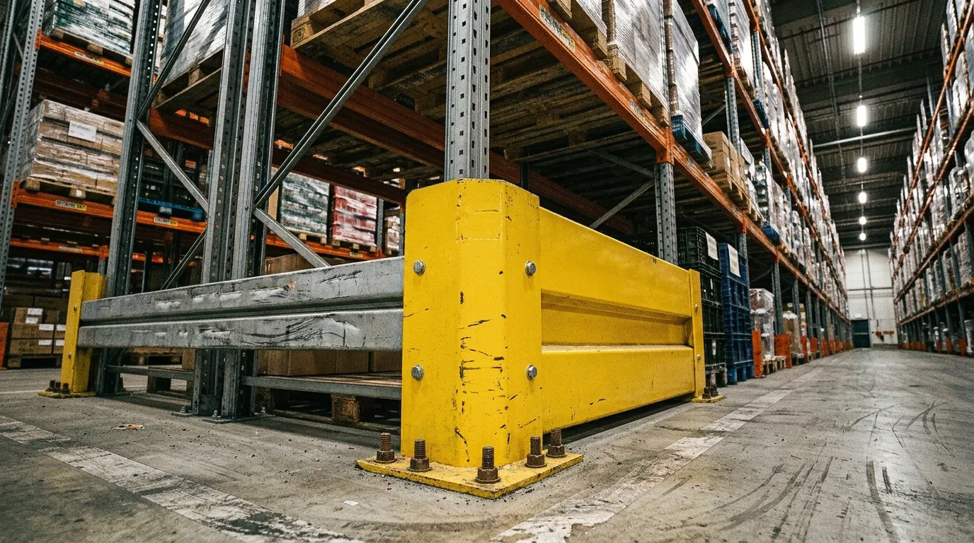 Voorziening van magazijnstellingen met een gele aanrijbeveiliging in een opslagruimte