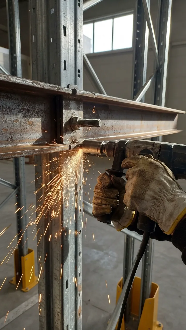 Een werknemer voegt een staalconstructie samen met een boor, vonken vliegen