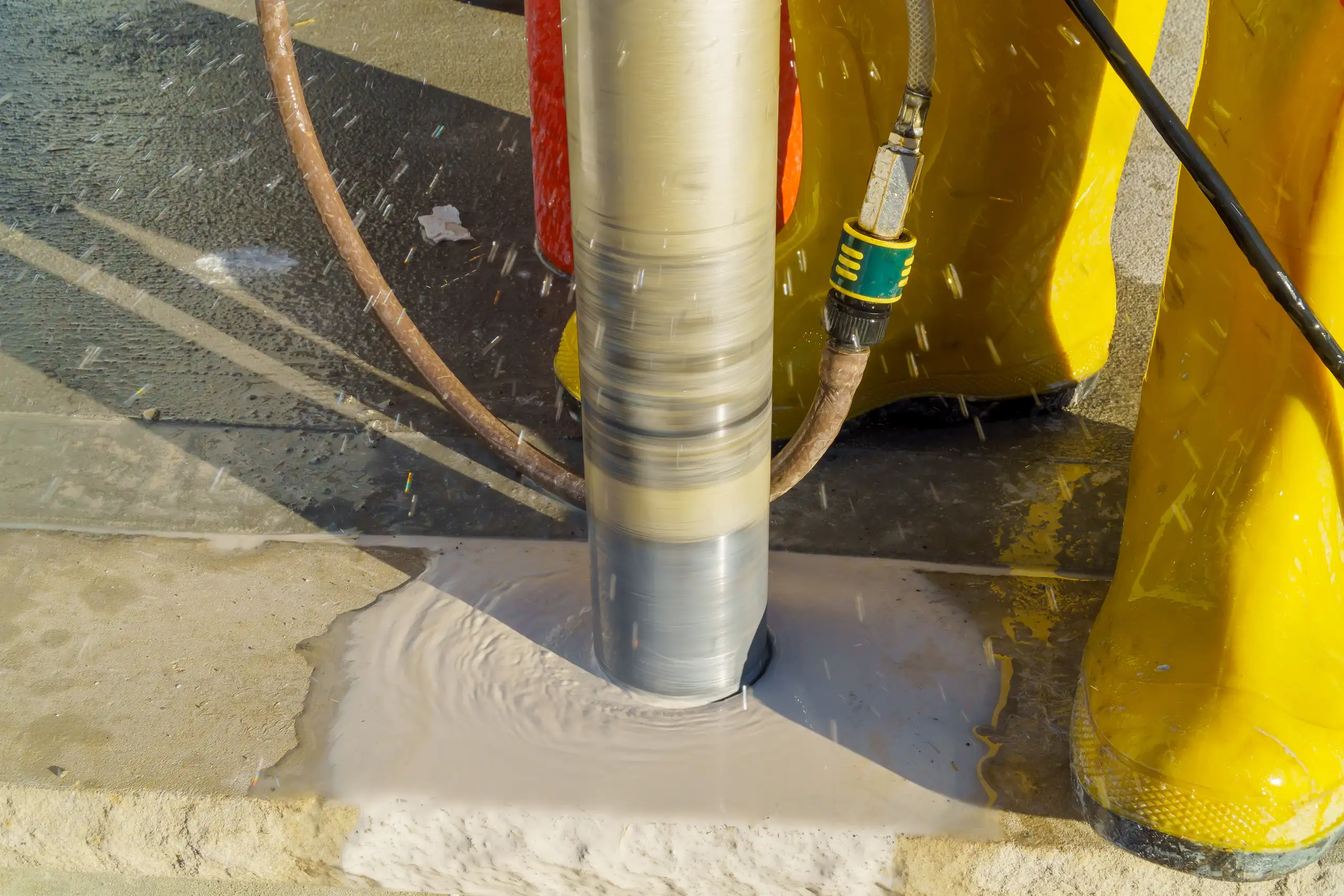 Een betonnen kernboring met waterkoeling in uitvoering, focus op het boorgevoertuig