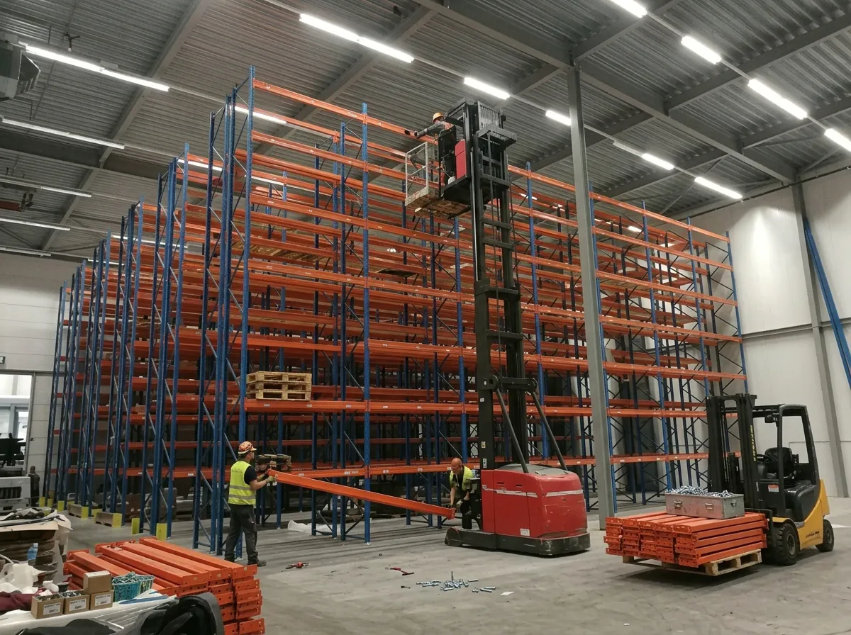 Montage van magazijnstellingen door vaktechnici met een heftruck