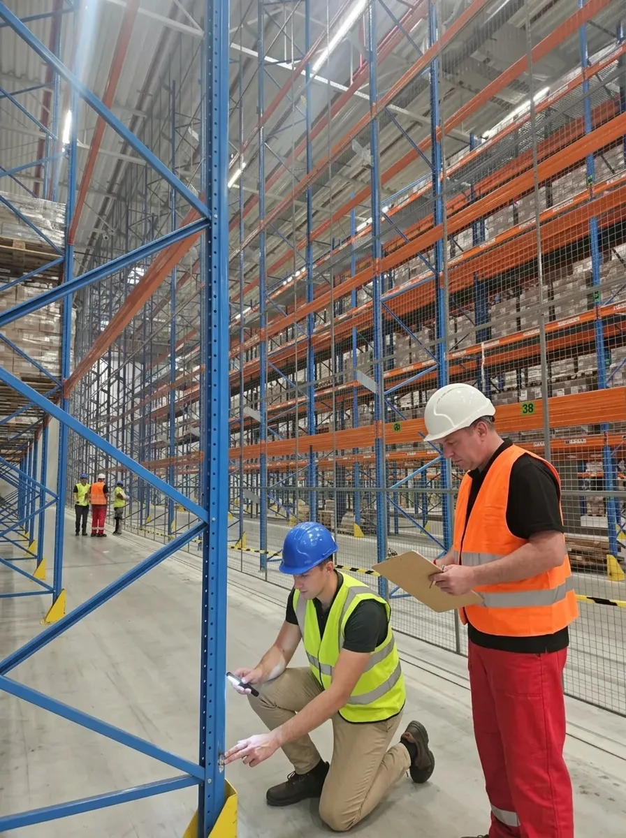 Monteurs inspecteren magazijnstellingen in een industriële omgeving