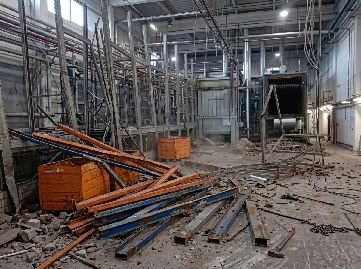 Een magazijn met staalconstructies en apparatuur voor sloopwerkzaamheden